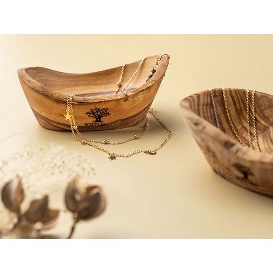 SOLTAKO Hoogwaardige snackschalen van olijfhout, decoratieve schaal hout, sieradenschaal, olijfhout schaal voor dips, dipschaal, handwerk. Ca. 14 cm, hoogte 4,5 cm