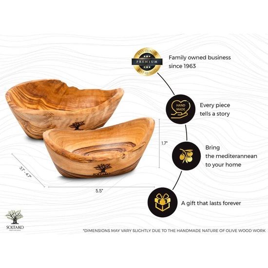 SOLTAKO Hoogwaardige snackschalen van olijfhout, decoratieve schaal hout, sieradenschaal, olijfhout schaal voor dips, dipschaal, handwerk. Ca. 14 cm, hoogte 4,5 cm