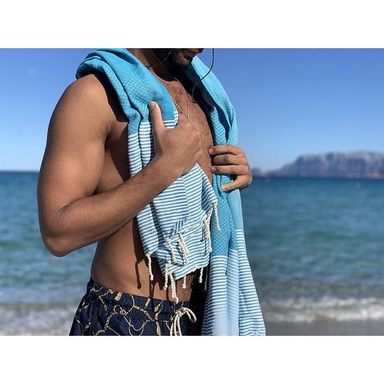 XXL 2X Fouta strandhanddoek handdoek saunahanddoek badhanddoek hamamdoek yoga deken pestemal in aqua & pastelgrijze kleuren als cadeauset extra groot, 100 x 200 cm