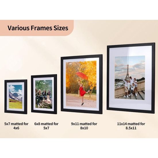 Zwarte fotolijst set van 15, voor 20 x 25 foto's met passe-partout of voor foto's 23 x 28 zonder passe-partout, wand- en tafelopstelling, Mdf