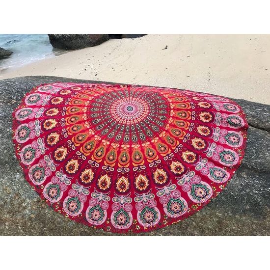 strandlaken met een mandala hippiepatroon/groot Indiaas rond katoenen doek/boho ronde yoga mat doek voor meditatie/tafelkleed rond deken voor picknick/handgemaakt tapijt van 70 inch (rode mandala)