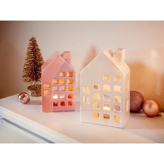 Kerstdecoratie theelichthuizen van keramiek set van 2 (roze/crème, 14 cm + 16 cm)