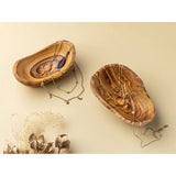 SOLTAKO Hoogwaardige snackschalen van olijfhout, decoratieve schaal hout, sieradenschaal, olijfhout schaal voor dips, dipschaal, handwerk. Ca. 14 cm, hoogte 4,5 cm