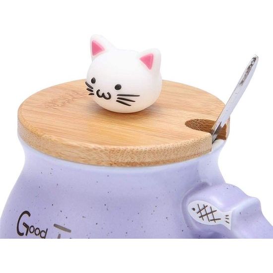 Keramische kom - 420 ml - mooie kat, met lepel en houten deksel - koffie, water, melk, beker om te drinken - Lila