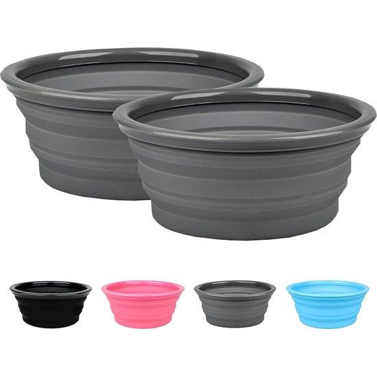 2 x opvouwbare reiskommen voor honden en katten, 1 set opvouwbare siliconen hondenvoerbak, reisvoer, draagbare waterbak, drinkbak (grijs)