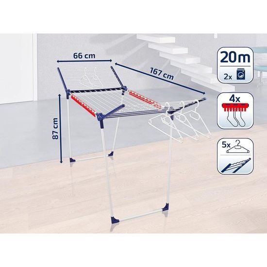 Pegasus 200 Solid Staande droger, met 20 m drooglengte voor 2 wasbeurten, vleugelwasdroger voor lange was met 4 houders voor kleine onderdelen, kledinghangers en 5 beugels