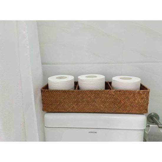 opbergmand, rechthoekig, plankmanden, natuurlijk geweven, gevlochten voor het organiseren van toiletpapier (naturel, 42 x 14 x 9 cm