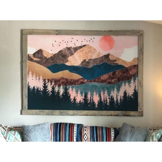 Wandtapijt Bos Boom Bergen Wandtapijt Doek Zonsondergang Wanddoek Muurophanging Landschap Zon Decoratie voor Kinderkamer 150 x 130 cm