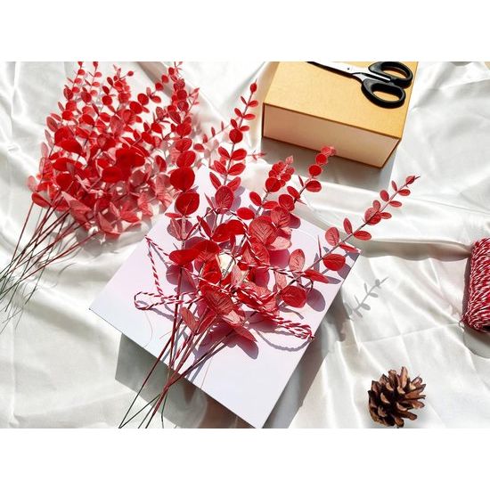Kunstmatige eucalyptus decoratieve tak, pakket van 20 planten, eucalyptusbladeren, eucalyptusstam, kunstplanten, kunstmatige eucalyptusbomen, zilveren dollar, nepplant (20, rood)