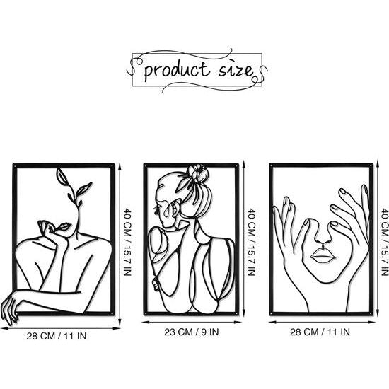 3 stuks zwarte wanddecoratie van metaal, minimalistische wanddecoratie kunst, moderne abstracte vrouwelijke lichaamsdecoratie voor slaapkamer, woonkamer, badkamer, balkon, galerij