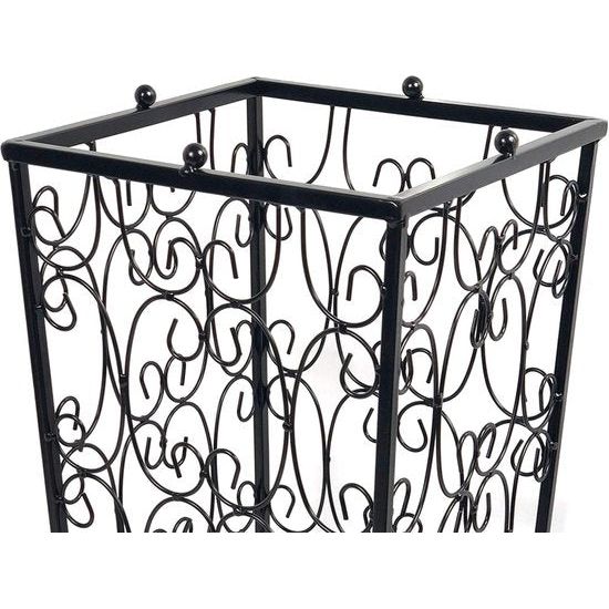 Grote zwarte metalen paraplubak, wandelstok, thuiskantoor, hal, opbergruimte, met 4 haken aan de bovenkant en een bodem die regenwater lekt, 56 x 25 x 25 cm