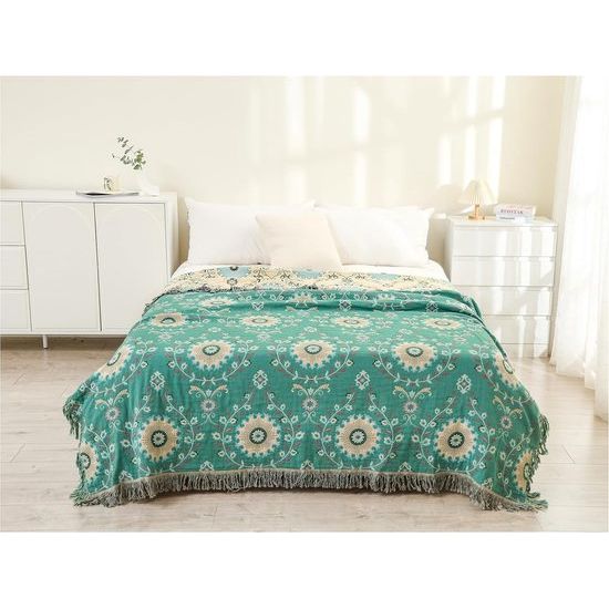 Double-sided bedspread with fringes, 230 x 250 cm, 100% cotton woven blanket, sofa blanket, living room blanket, reversible blanket, cuddle blanket, sofa blanket, chair blanket with pattern, sunflowers.