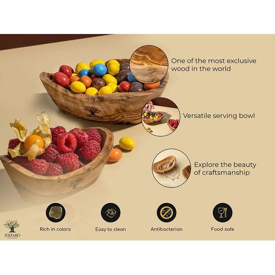 SOLTAKO Hoogwaardige snackschalen van olijfhout, decoratieve schaal hout, sieradenschaal, olijfhout schaal voor dips, dipschaal, handwerk. Ca. 14 cm, hoogte 4,5 cm