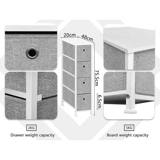 Kast, smalle commode met 4 laden van stof, kasten, organizer, metaal, smal opbergsysteem, ruimtebesparend voor woonkamer, slaapkamer, kantoor, keuken, slaapzaal, hout, staal, wit en grijs