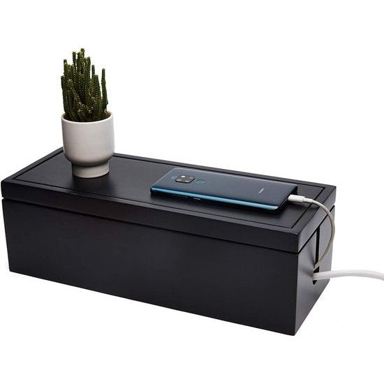Houten kabelbeheerdoos Verlengsnoer Stekkerdoos Overspanningsbeveiliging Kabelbeheer Concealer Organizer Cover voor Bureau Thuiskantoor Keuken (zwart)