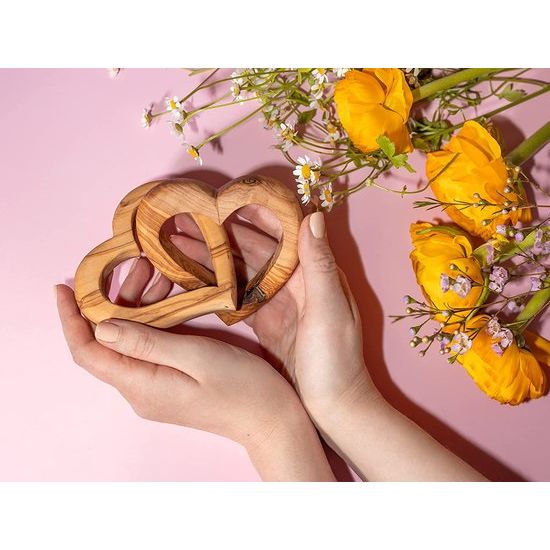XXL verbonden harten van exclusief olijfhout, huwelijkscadeau voor bruidspaar - tafeldecoratie - houtdecoratie - bruiloftsdecoratie - verjaardagscadeau voor vriendin Ø diameter ca. 10 cm