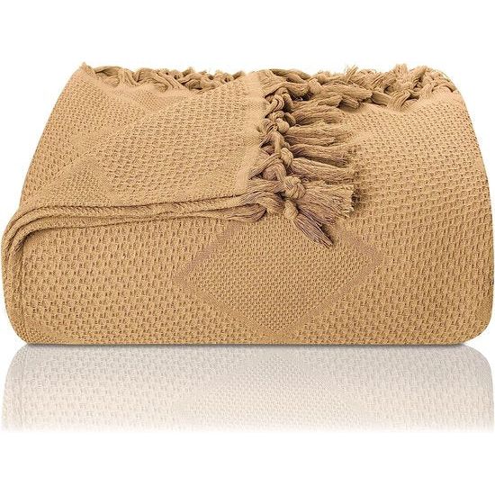 Premium sprei met handgeknoopte franjes - 100% katoen - 200 x 220 cm XXL - wafelpiqué zomerdeken - katoenen deken als bedsprei, bankovertrek & bankdeken (beige)