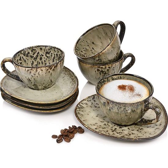 Koffiekopjes set Pompei met schoteltjes, 8-delige set van aardewerk, uniek vintage design, 230 ml