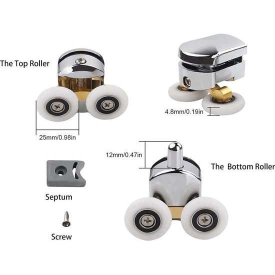 4 stuks douchedeurwieltjes, 23 mm schuifdeurwielen, 2 boven- en 2 onderste douchewielen in chroom, douche-deurbevestiging wielen voor gebogen deuren glazen deuren 4-6 mm