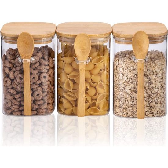 Voorraadpotten vierkant 1200ML Î¦10cm voorraadpotten set met deksel en lepel glazen container pot luchtdichte BPA-vrije potten voor keukenopslag (1,2L set van 3)