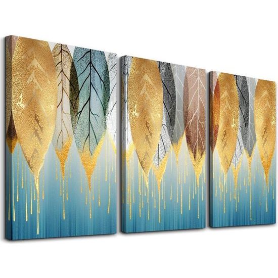 Muurschilderingen woonkamer foto's bladeren, natuurlijke gouden planten blad en blauw modern vintage canvas voor slaapkamer keuken eetkamer en badkamer