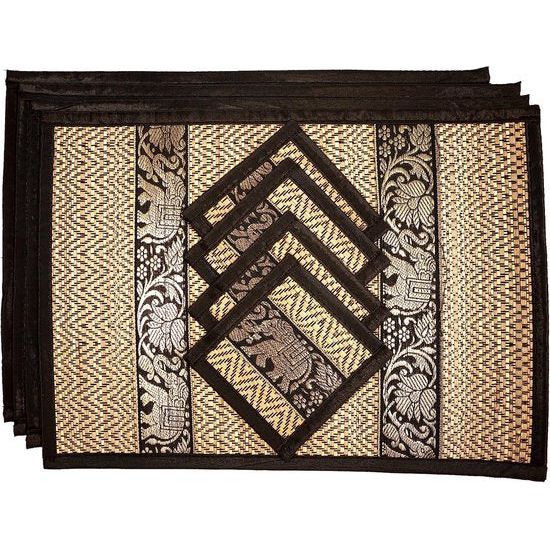 Placemat en onderzetter, 4 stuks, 2 maten, natuurlijk handgemaakt, natuurlijk rieten mandvlechtwerk met pluche zijde, orde, eco-handwerk (middelzwart)