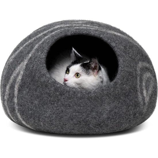 Kattenmand Cave - Milieuvriendelijke bedden van 100% merinowol voor katten en kittens (M, donkergrijs)