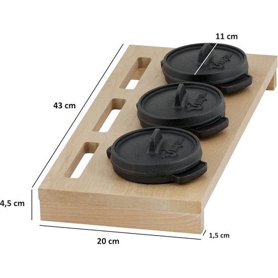 Mini Dutch Oven Set met houten onderlegger, 3 x 11 cm, gietijzeren set van 3 serveerpotten, reeds ingebrand, preseasoned, kookpan, kleine braadpan, gietijzeren pan