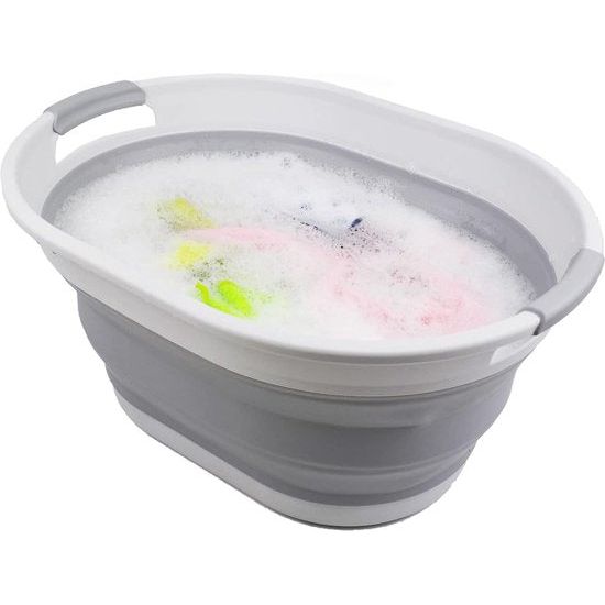 Ovale opvouwbare wasmand van kunststof, opvouwbare pop-up opbergbak/organizer, draagbare wasmand, ruimtebespare wasmand (1, wit/grijs)