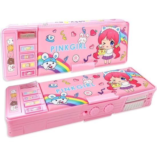 Pop-up multifunctionele etui voor jongens en meisjes, schattig cartoonpatroon etui met puntenslijper, whiteboard, beste verjaardagscadeau, roze, plastic pennenbakje