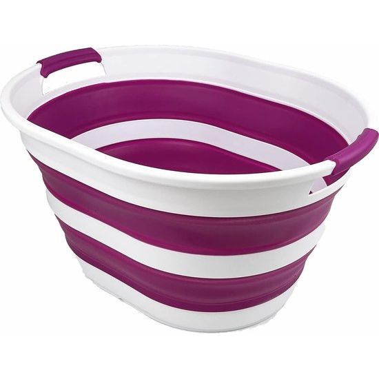 Wasmand van kunststof, inklapbaar, 23 l, ovale kuip/mand, opvouwbare opbergcontainer/organizer, draagbare wasmand, ruimtebesparende wasmand (1, wit/paars)