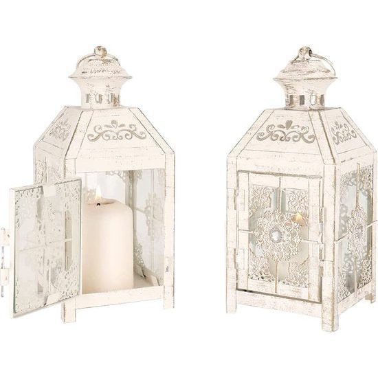 Set van 2 decoratieve laterns 23 cm hoge vintage stijl hangende lantaarn, metalen kandelaar voor binnen, evenementen, pariteiten en bruiloften (wit met gouden penseel)