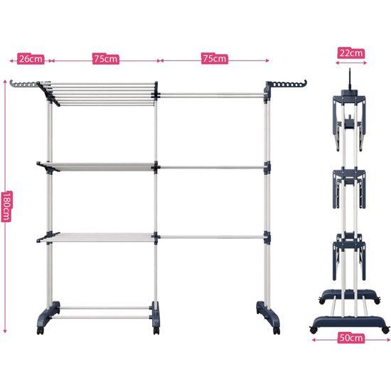 Droogrek toren, 3 verdiepingen met 6 inklapbare vleugels, droogrek uittrekbaar lengte 66-130 cm, inklapbaar wasrek voor binnen en buiten, grote gezinnen (blauw-wit)