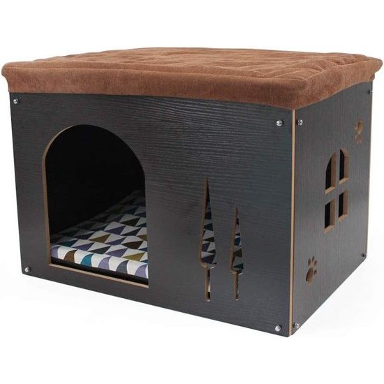 Houten hondenhok met matras, afneembaar kattenhuis in de vorm van schoenkruk, interieur, hondenhok, huisdierhuis voor katten, puppy's, honden, kleine dieren, huisdiernest voor vier seizoenen, zwart