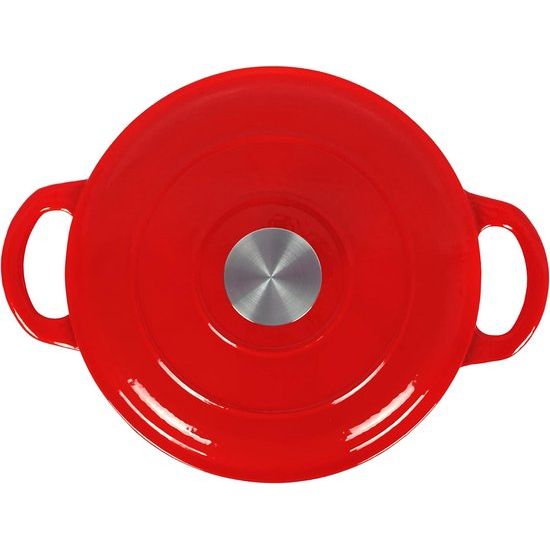 Stoofpan van gietijzer met emaille coating, gietijzeren pan, braadpan met deksel, broodbakpan, rond, geschikt voor oven, barbecue, barbecue en inductie, rood, 3,5 l