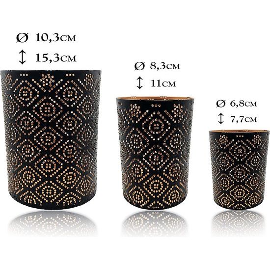Lantaarn Set Oosterse Decoratie - Kaars/Theelichthouder Goud Zwart - Metaal - Marokkaans/Indiaas Modern Woondecoratie Lamp/Lantaarn, 3 Stuks