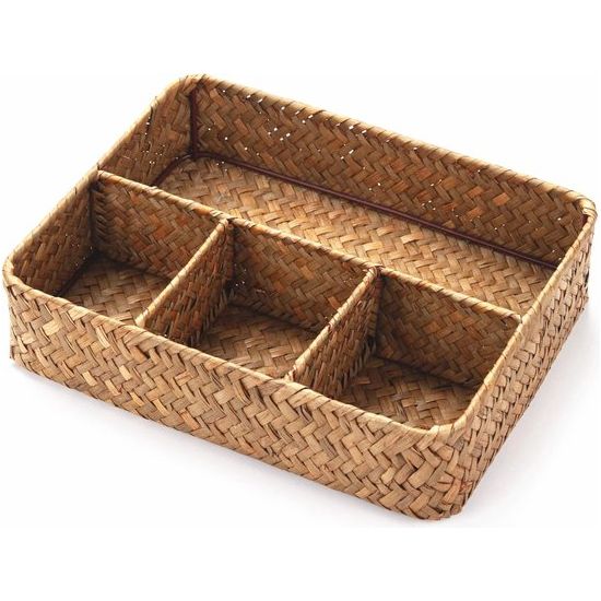 Rotan theezakjeshouder, theezakjesbakken, koffietas/suikerzakorganisator, zeegrasopslagmand, verdeelde mand voor plank/aanrecht