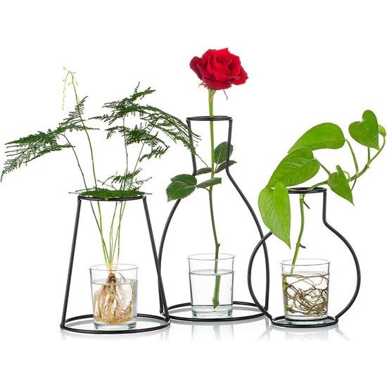 Set van 3 creatieve bloempotten voor het bureau, met glazen bekers, vazen en metalen standaard van ijzer voor waterplanten, bloemstukken decoratie (3 stuks)