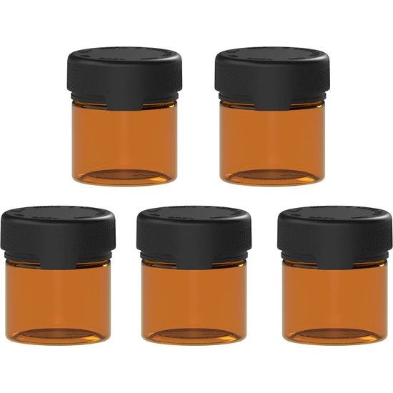 2oz/60ml Aviator PET-kunststof houder voor droogwaren, poeder met kindveilige sluitingen, 5-voudige container (doorschijnende barnsteenhouder/zwarte sluiting)