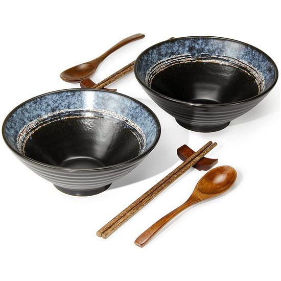 Ramen kom KERAMIK, 2 x 1500 ml Japanse serviesset, antislip soepschaal met lepel en eetstokjes, voor pho, pasta, muesli en salade, ambachtelijk ambachtelijk