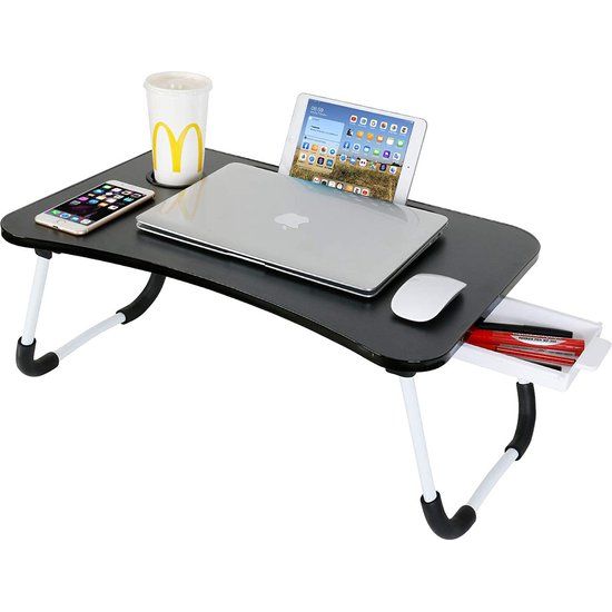 Laptopbureau met lade, bedlade voor laptop, notebooktafel, leesstandaard met inklapbare poten en bekersleuf (zwart)