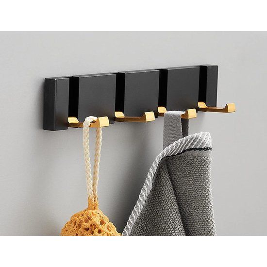 Wandkapstok 90 graden 4 haken hanger zwart gouden metalen handdoekenrek 28x5x1,5 cm roestvrije kapstok voor entree badkamer slaapkamer keuken (T2 4 haken, zwart goud)
