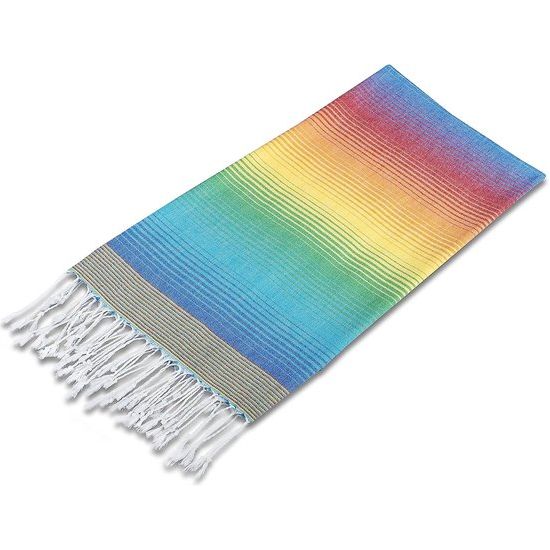 Premium hamamdoek met handgeknoopte franjes, 100% katoen, XXL strandhanddoek, 100 x 200 cm, Oeko-TEX 100, grote strandhanddoek, saunahanddoek en reishanddoek (regenboog)