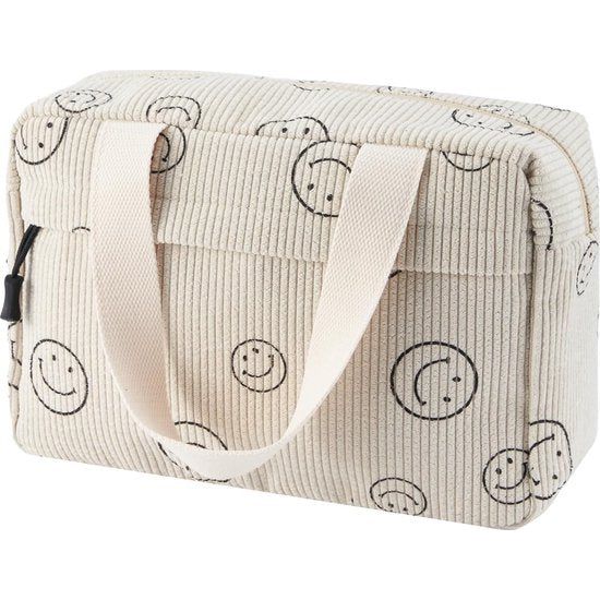 Toilettas Koord Dames Grote Cosmetische Tas Koord Make-up Tas Koord Cosmetische Tas met Glimlach Corduroy Cosmetische Tas Reizen Cosmetische Tas voor Reizen Meisjes Dames, BEIGE-B