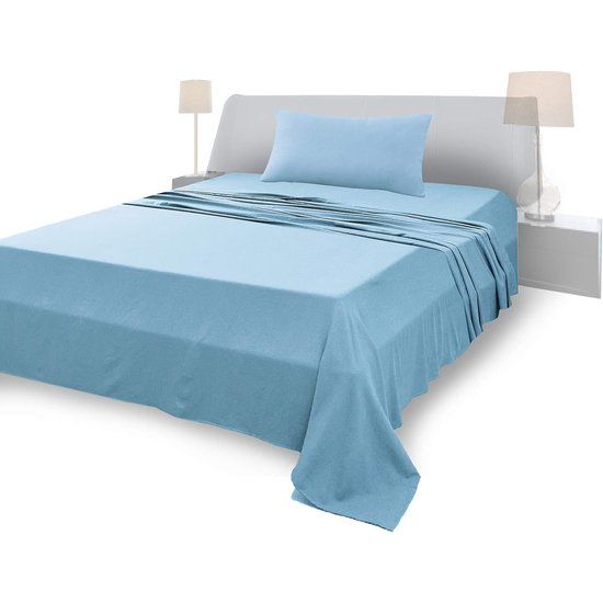 100% katoenen eenpersoonslakenset, eenpersoons hoeslaken 90 x 200 cm, bovenlaken 160 x 280 cm, 1 kussensloop 50 x 80 cm, lichtblauw