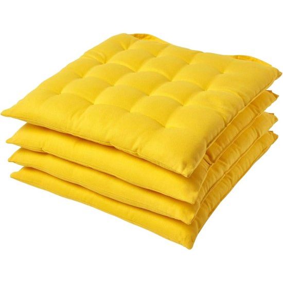 Set van 4 stoelkussens 40 x 40 cm, geel, zitkussen met bandjes en knoopsluiting, effen kussens voor stoelen met overtrek van 100% katoen en zachte polyester vulling