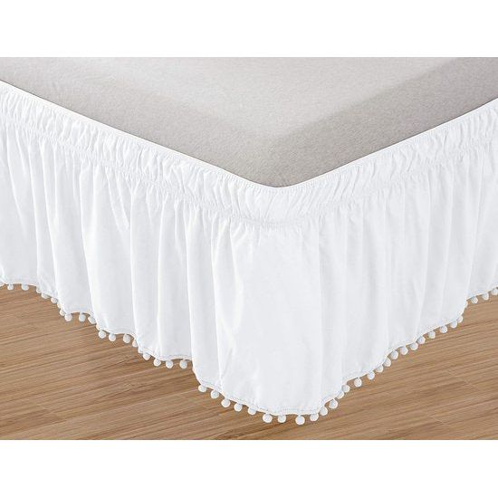 Elegante comfortabele top met knoop, kwastje, pompom, franje, ruches, rok in ronde stijl met elastische bedomslag - kreukbestendig, 40,6 cm lengte, queensize/kingsize, wit.