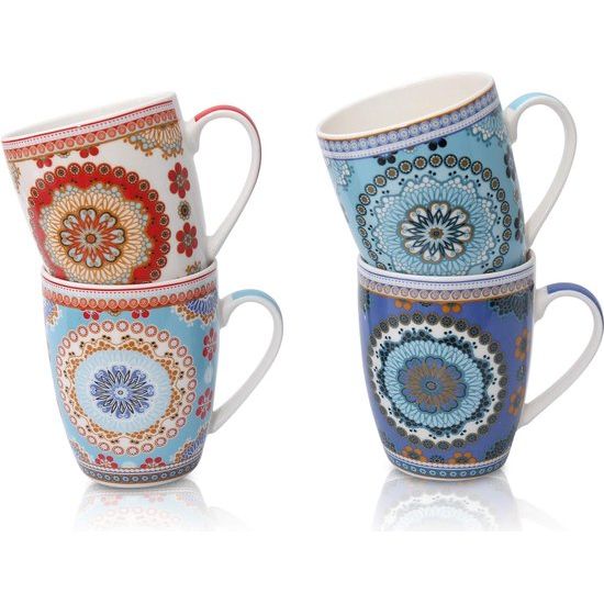 koffiemokken set van 4 Oosters design - grote Marokkaanse keramische koffiebeker ca. 300 ml - hoogwaardige boho thee-kopjes - koffiekopjes set - cadeau vrouwen (design 4 cirkels)