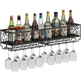 Metalen zwarte wandmontage wijn champagne glazen bekers glaswerk rekhouder, 80 x 20 cm vat voor maximaal 18 flessen wijn en 18 kopjes glazen