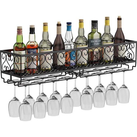 Metalen zwarte wandmontage wijn champagne glazen bekers glaswerk rekhouder, 80 x 20 cm vat voor maximaal 18 flessen wijn en 18 kopjes glazen